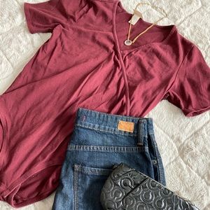 Maroon v-neck, short sleeved bodysuit